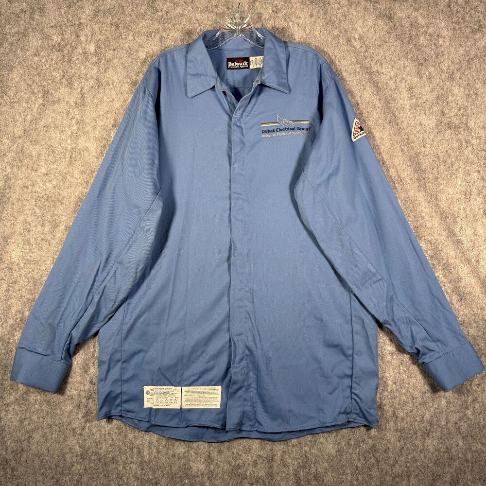 Bulwark FR Shirt Mens Large Blue Snap Button Flame Resistant Company Logo - Picture 2 of 11